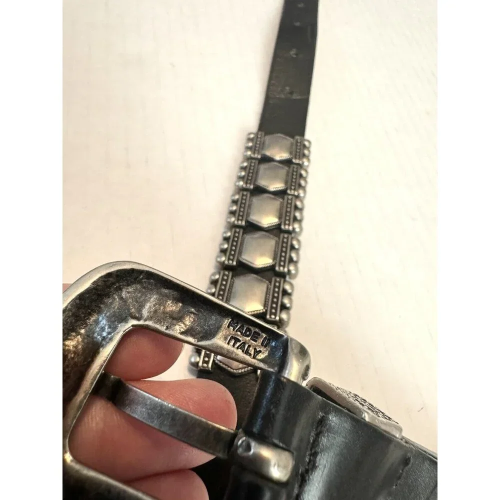 Albatros Black Leather Belt Italy Silver Buckle Art Nouveau deco Sz L
